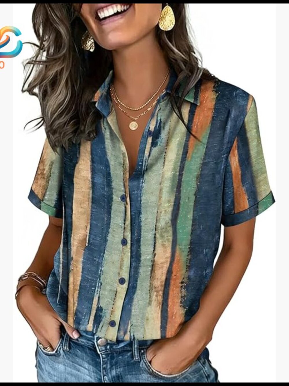 Short Sleeve V-Neck Button Down Blouse Regular Fit Polyester Blend